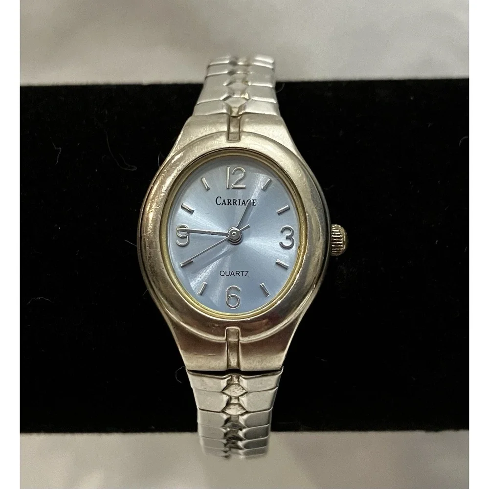 VTG Carriage Baby Blue Dial Oval Face Silver Tone Womens Watch New Battery Works
